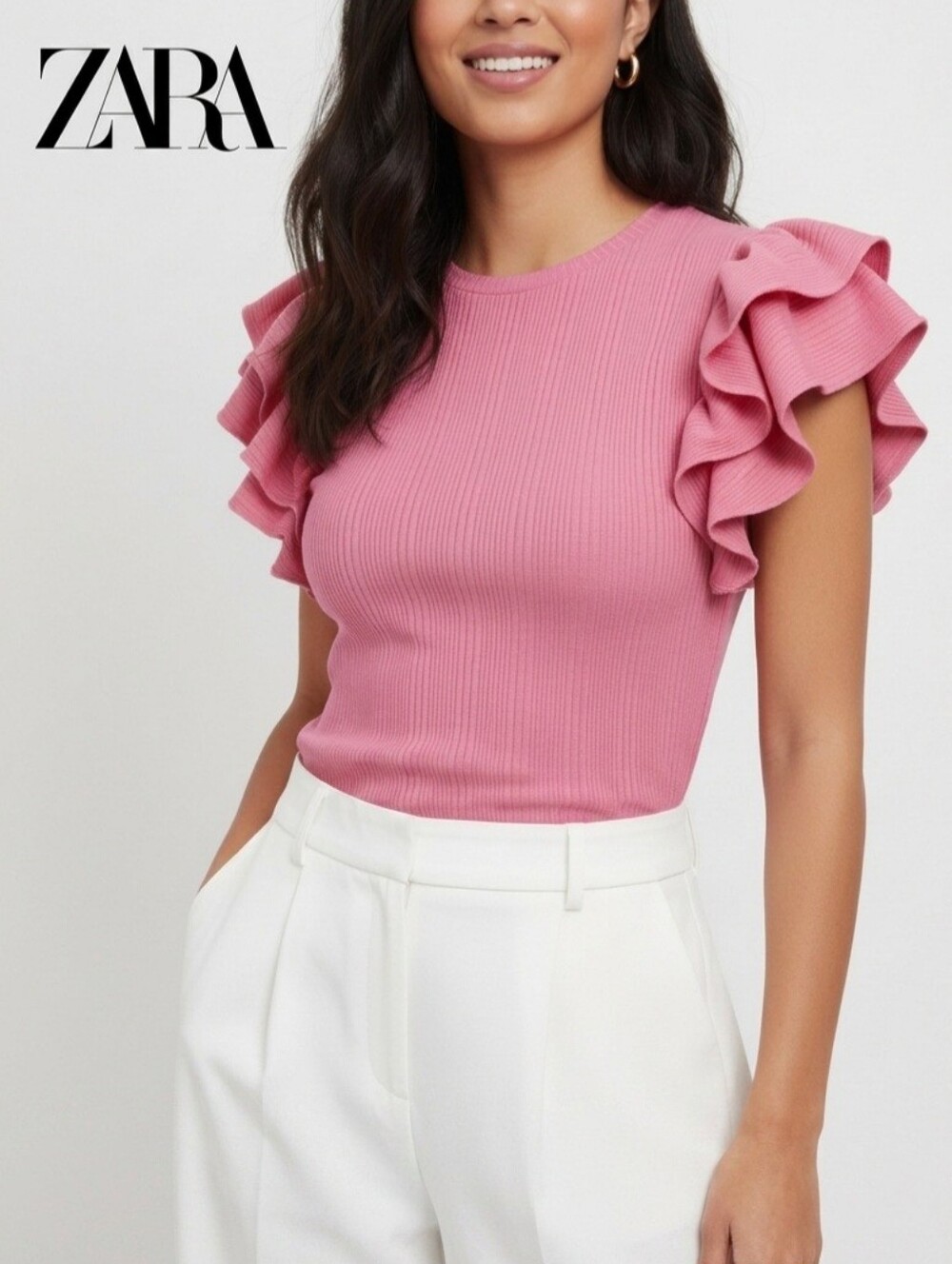 Sz S Zara Pink Ruffle‑Sleeve Ribbed Top